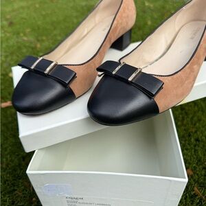 Coach Black and Tan Flats with Bow Detail and Pointed Toe